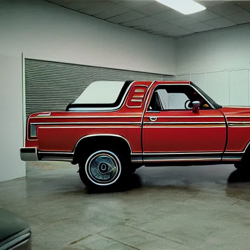 Prompt: 1979 Ford Thunderbird Bronco, inside of an auto dealership, ektachrome photograph, volumetric lighting, f8 aperture, cinematic Eastman 5384 film