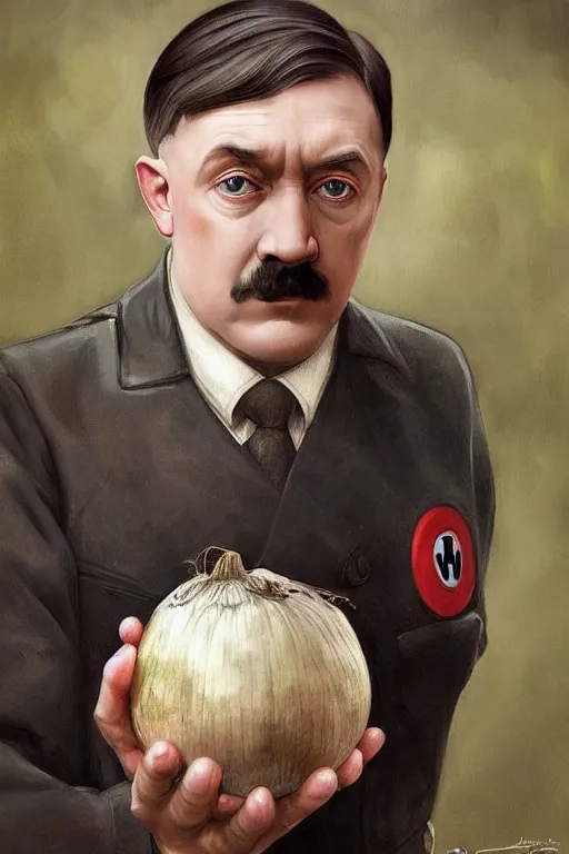 Prompt: beautiful cottagecore adolf hitler holding a Black Onion, blonde Hair, dark forest, intricate, elegant, highly detailed, digital painting, artstation, concept art, smooth, sharp, focus, illustration, art by artgerm and greg rutkowski and alphonse mucha