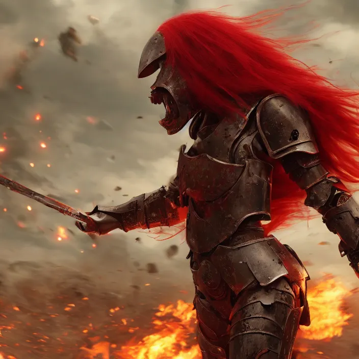 Image similar to a girl with a long red hair wearing a full-body red plate armor screaming in a battlefield, horror picture, hyperrealistic, concept art, octane render, unreal engine 5, 8K HDR, highly detailed, high quality, fantasy armor