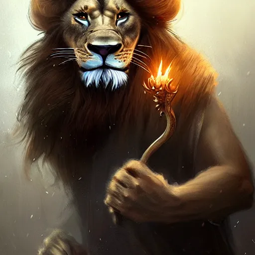 Prompt: an anthropomorphic half lion half human holding a wand,wizard,fantasy art,digital art,art by greg rutkowski,realiatic,photorealistic,hyperdetailed,detailed face,professional lighting,mysterious