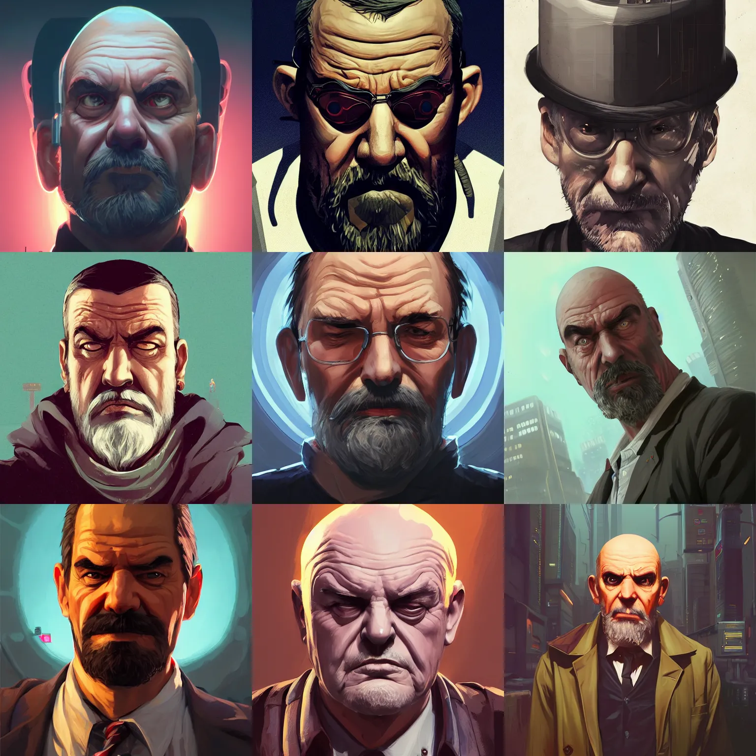 Prompt: centered long shot portrait of an old man with a round face, a salt and pepper goatee and a stern look, cyberpunk dark fantasy art, gta 5 cover, official fanart behance hd artstation by jesper ejsing, by rhads, makoto shinkai and lois van baarle, ilya kuvshinov, ossdraws, unreal engine