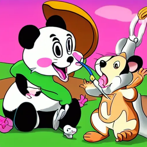 Prompt: jerry mouse is riding a panda, cartoon tom and jerry series