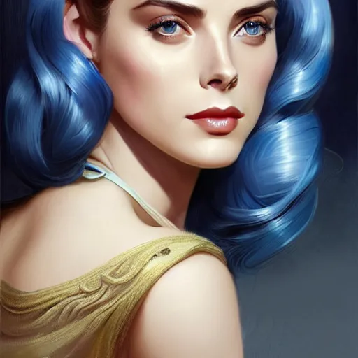 Prompt: Ashley Greene's face combined with Grace Kelly's face with blue hair wearing power armor, western, D&D, fantasy, intricate, elegant, highly detailed, digital painting, artstation, concept art, matte, sharp focus, illustration, art by Artgerm and Greg Rutkowski and Alphonse Mucha