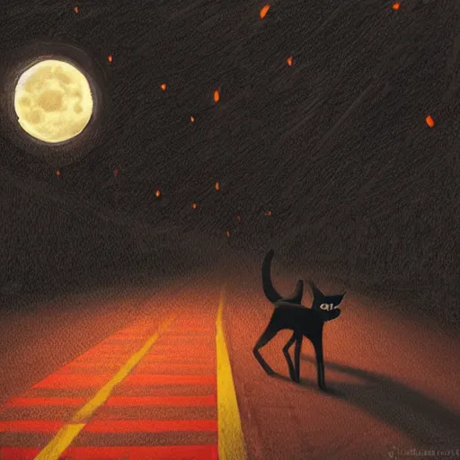 Image similar to an hyper detailed black cat with orange eyes walking through the road during the night under the light of the streetlights and looking at the moon. Realistic. High detail. Hyper realistic artwork By Diego Fazio