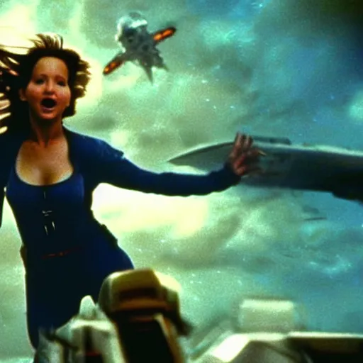 Image similar to movie still from independence day (1996), rendering of jennifer lawrence flying an alien ship,