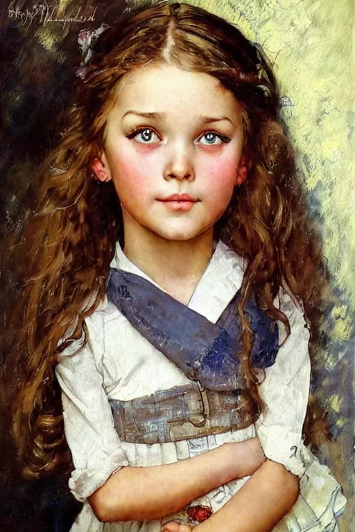 Prompt: a little girl with wavy light brown hair and blue eyes. beautiful painting by norman rockwell and raymond swanland, beautiful detailed face.