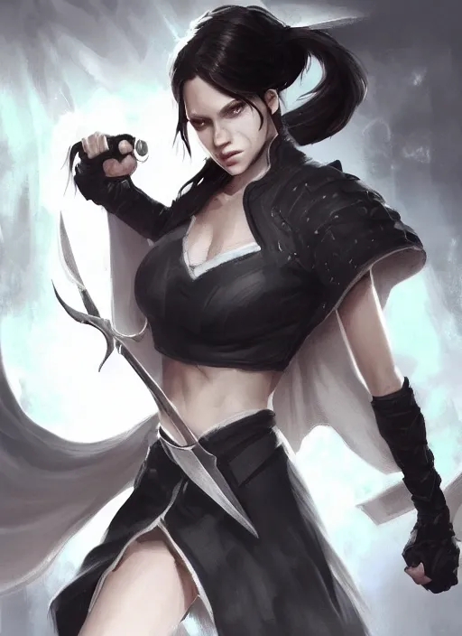 Image similar to a highly detailed illustration of fierce messy ponytail black haired one armed delinquent woman wearing uniform cap wearing long white coat cape, dramatic wielding sword pose, muscular, intricate, elegant, highly detailed, centered, digital painting, artstation, concept art, smooth, sharp focus, league of legends concept art, wlop.