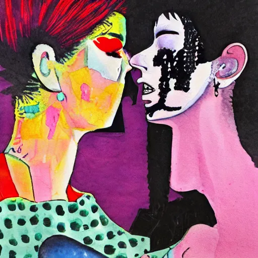 Prompt: watercolor painting of two psychedelic goth women kissing and embracing in an japan in winter, speculative evolution, mixed media collage by basquiat and hirohiko araki, maximalist magazine collage art, sapphic art, inspired by jojo's bizarre adventure, chemically damaged with citrasolv