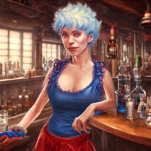 Image similar to an insanely detailed portrait of a smiling beautiful barmaid with short blue hair working at a rustic saloon, wearing red dress, highly detailed features, sparkling blue eyes, long eyelashes, in the style of peter mohrbacher, artgerm, dramatic lighting and composition, octane render, trending on artstation, concept art 8 k