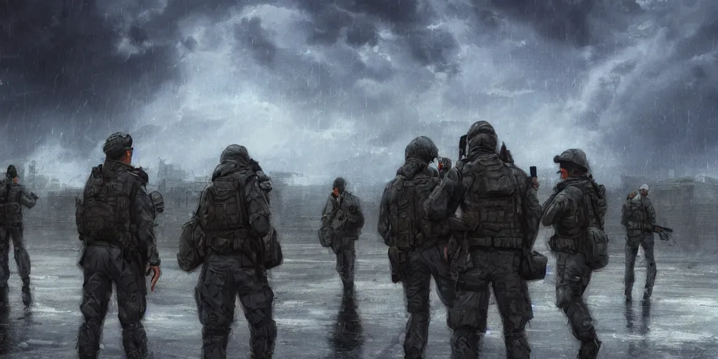 Image similar to private military company operatives standing outside immigration check point with severe weather storms across the sky, cinematic, realistic, detailed, intricate, digital art, ambient lighting, by jordan grimmer, industrial art style, 3 5 mm film grain, artstation