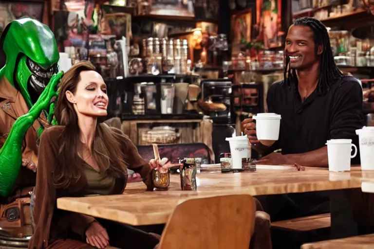 Image similar to Angelina Jolie and The Predator alien, best friends, drinking coffee at central perk, still photo, hyperrealistic, 35mm, 8k, by weta digital