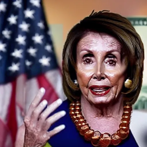 Prompt: nancy pelosi collecting stacks of 1 0 0 dollar bills wlop