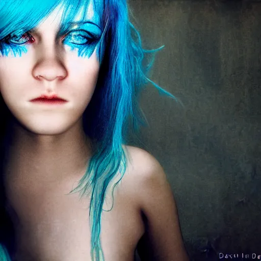 Image similar to portrait of young girl half dragon half human, dragon girl, dragon skin, dragon eyes, dragon crown, blue hair, long hair, By David Lynch