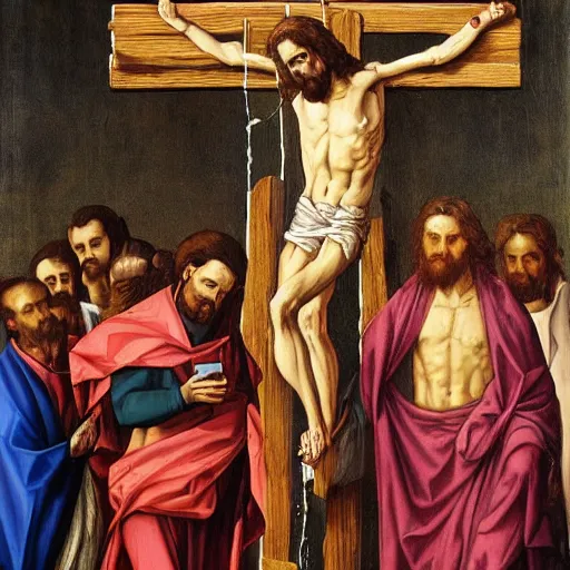 Prompt: judas taking a selfie with jesus who is nailed to the cross, hyper detailed painting