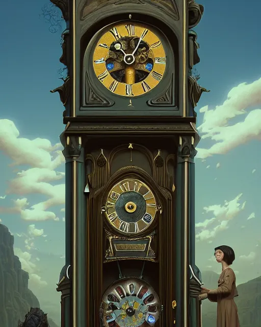 Prompt: highly detailed surreal vfx portrait of a sacred monolithic grandfather clock, stephen bliss, unreal engine, greg rutkowski, loish, rhads, beeple, makoto shinkai and lois van baarle, ilya kuvshinov, rossdraws, tom bagshaw, alphonse mucha, global illumination, detailed and intricate environment