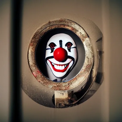 Prompt: “creepy smiling clown reflected in a broken mirror, 70mm”