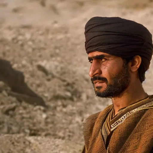 Image similar to Kurdish shepherd wearing Kurdish clothes in a movie directed by Christopher Nolan, movie still frame, promotional image, imax 70 mm footage, 8k