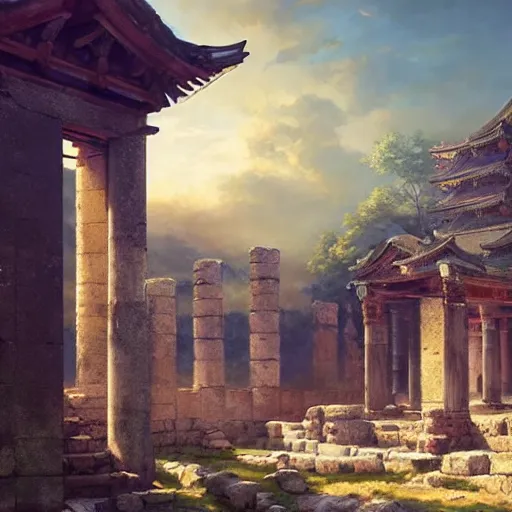 Prompt: ancient city ruins, ⛩, oil painting, 8 k, beautiful, soft light, highly detailed, smoothly, by wlop, by greg rutkowski, by artgerm