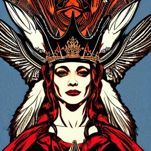 Prompt: Illustrated by Shepard Fairey and H.R. Geiger | a renaissance style portrait painting of raven winged female vampire with VR helmet , wearing a crown and cape, , surrounded by cables, dark background