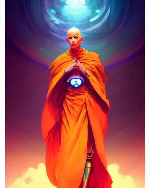 Image similar to a robot monk wearing a flowing cloak, vaporwave aesthetic, colorful, psychedelic, digital painting, artstation, concept art, smooth, sharp focus, illustration, art by artgerm and greg rutkowski and alphonse mucha