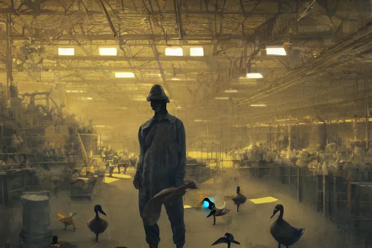 Image similar to A mixed media painting of a duck worker in a factory with little humans on the production line, by Frank Frazetta, Greg Rutkowski, Beeple, post-processing, low angle, masterpiece, cinematic, isometric, volumetric lighting