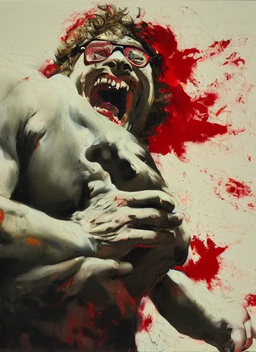 Prompt: bloated red faced sam hyde, screaming, painting by phil hale, fransico goya,'action lines '!!!, graphic style, visible brushstrokes, motion blur, blurry