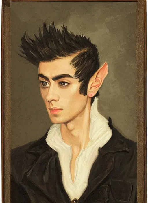 Image similar to portrait of zayn malik as an elf by henriette ronner - knip, only one head single portrait, pointy ears, wearing a black leather napoleonic military jacket