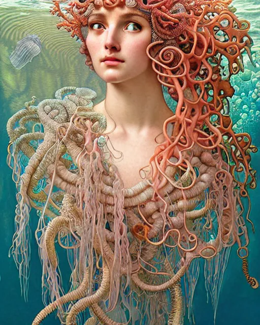 Image similar to hyperrealistic detailed underwater face portrait of the beautiful goddess of the jellyfish with an intricate headgear of corals, sea kelp, sea plants, fish, starfish, jellyfish, art by ernst haeckel, john william godward, android jones, alphonso mucha, gothic - cyberpunk, ornamental, beautiful deep colours,