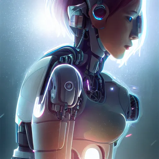 Image similar to a beautiful cyborg - angel girl!! standing on a lake, rainfall, biomechanical details, digital cyberpunk anime art, full body shot!!, reflections, lens flare, promotional poster, wlop!!, ilya kuvshinov, artgerm, krenz cushart, greg rutkowski