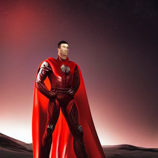 Prompt: tall muscular infantry man in glossy sleek white armor with a few red details and a long red cape, heroic posture, on the surface of mars, night time, dramatic lighting, cinematic, sci-fi, hyperrealistic, movie still