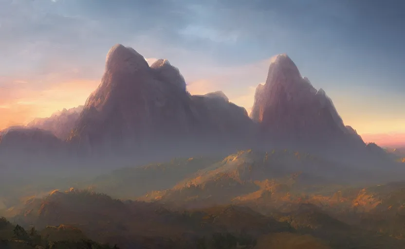 Prompt: a stony peak overlooks a mountainous landscape as sunset, 4k digital art, trending on artstation, golden hour