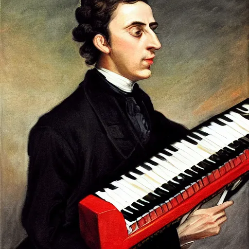 Image similar to Frederick Chopin on a stage playing a keytar, photorealistic painting