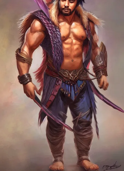 Image similar to muscly asian man middle parted hair, dndbeyond, bright, colourful, realistic, dnd character portrait, full body, pathfinder, pinterest, art by ralph horsley, dnd, rpg, lotr game design fanart by concept art, behance hd, artstation, deviantart, hdr render in unreal engine 5