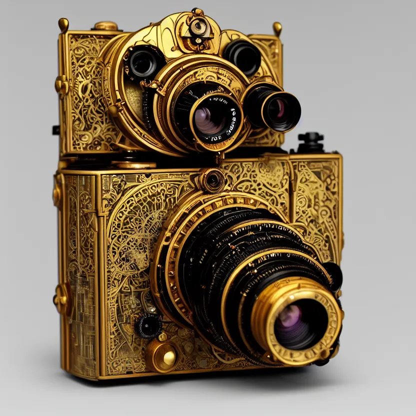 Prompt: photograph of a very beautiful steampunk medium format camera!. plain grey background. centered. highly detailed. gold. jupiter 9 lens. artstation, concept art, symmetry, smooth, sharp focus, art by john singer sargent and and mucha by theodore ralli and nasreddine dinet and anders zorn and nikolay makovsky and edwin long