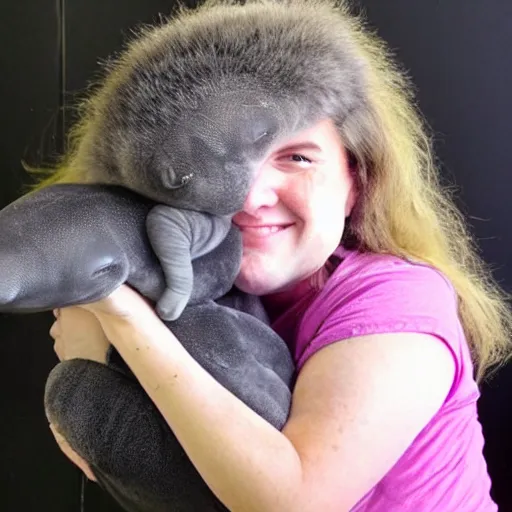 Image similar to incredibly fantastically stupendously fluffy tiny pygmy baby manatee being cradled by a person, realistic, fantasy, pet, adorable, national geographic