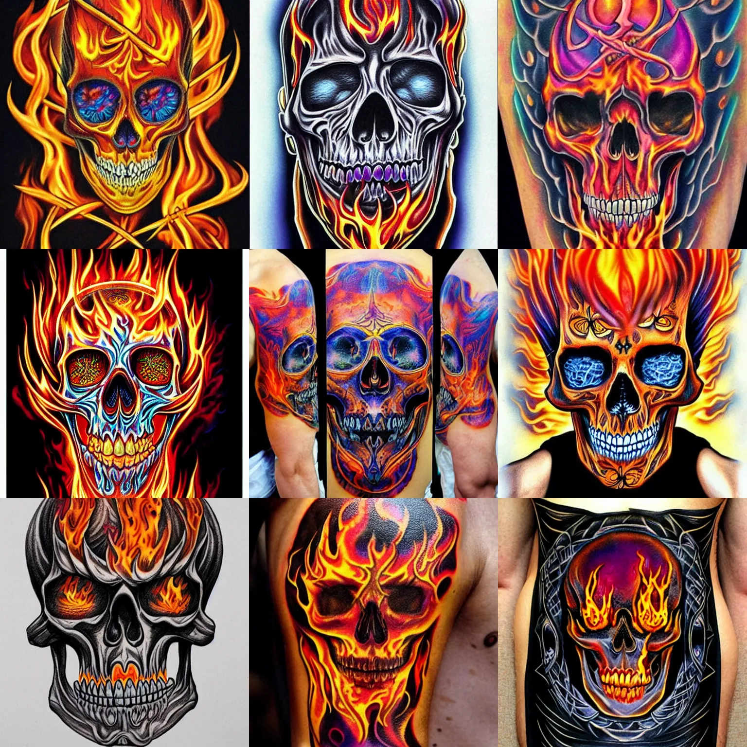 Prompt: a flaming skull tattoo design by Alex Grey, highly detailed, flames