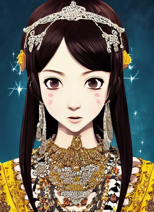 Prompt: a portrait of a princess, digital painting by ilya kuvshinov, wearing an ornate dress with lots of necklaces, by reiq, by takeshi obata, beautiful woman, hiromu arakawa, masashi kishimoto, tite kubo, yusuke murata, masashi ando, 4 k wallpaper, masterpiece, gorgeous, stunning