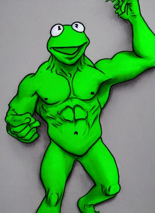 Image similar to Kermit the frog dressed as hulk”, detailed