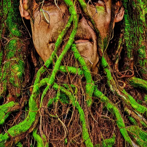 Image similar to a portrait of a tree man, roots, vines, moss