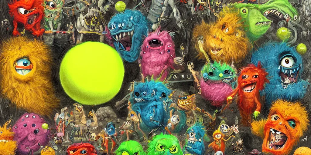 Image similar to a cinematic poster of tennis ball monsters, digital art, fantasy, magic, chalk, chalked, trending on artstation, ultra detailed, detailed, fine details, professional illustration by basil gogos