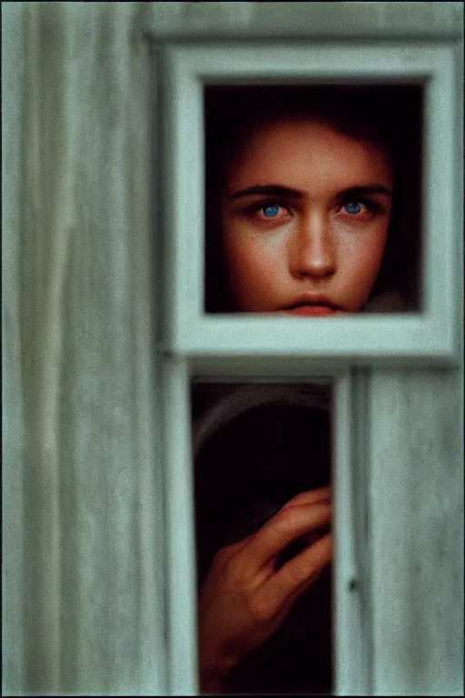 Image similar to kodak portra 4 0 0 photograph of a person looking out through their window, eyes, beautiful eyes, stunning eyes, close up, telephoto, faded effect, grain,