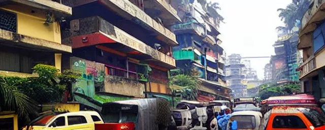 Image similar to streets of mumbai, future, mossy buildings