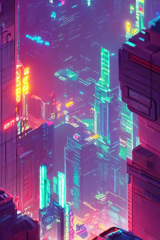 Prompt: Isometric landscape of a vibrant, electrifying, animated, neon, colorful, lambent cyberpunk city illustrated by Greg Rutkowski, trending on artstation, artstationHD, artstationHQ, 4k, 8k.
