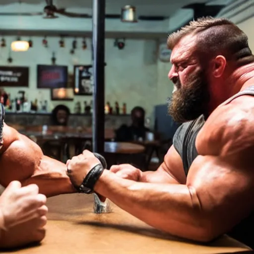 Image similar to a large burly muscular man losing arm wrestling to a small skinny man at a bar table. The crowd is cheering. Small space, dim lighting, realistic gritty atmosphere, dusty