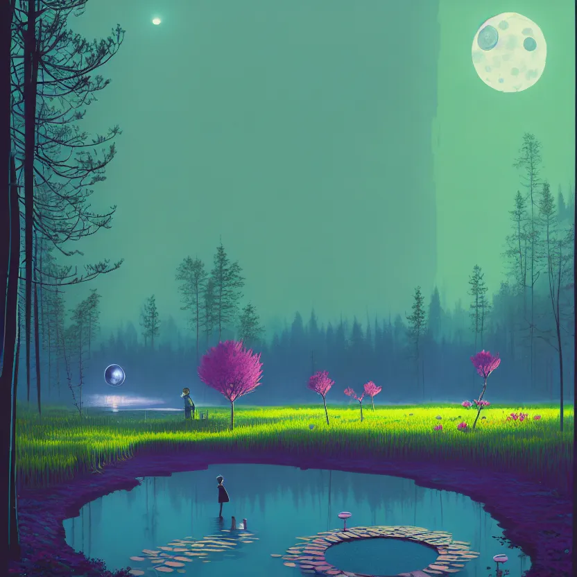 Image similar to ( ( ( gediminas pranckevicius ) ) ), a pond in the forest, moonlight, flower garden summer morning, very coherent and colorful high contrast art by simon stalenhag james gilleard floralpunk screen printing woodblock, dark shadows, pastel color, hard lighting