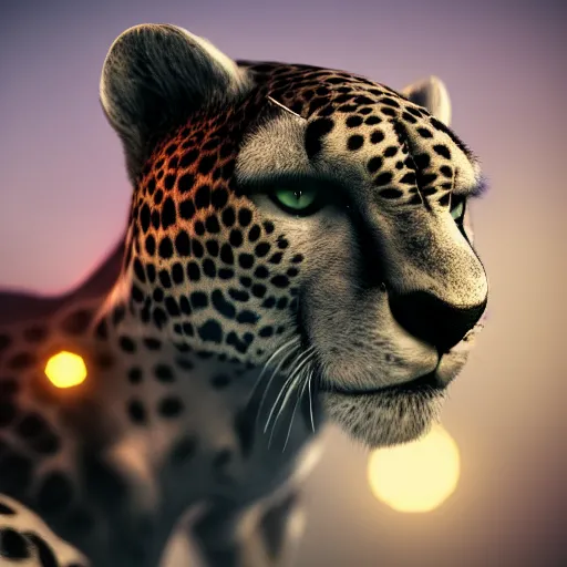 Image similar to closeup profile shot of a cybernetic cheetah, city lights, strong bokeh, dramatic, cinematic, high contrast, octane render, artstation, 4k