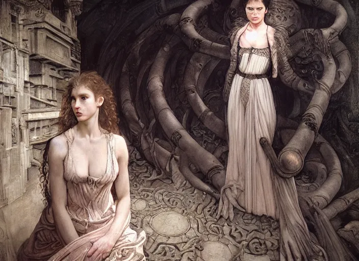 Image similar to jim henson's labyrinth. young jennifer connelly in a ballgown, is trapped in a dark shadowed oubliette made of stone. by edgar maxence and caravaggio and michael whelan and delacroix style, artistic, intricate painting, cinematic lighting, hyper realistic, extremely detailed, vivid colors, establishing shot, dramatic lighting