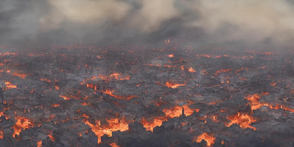 Image similar to A medieval city completely covered in fire, rising smoke, dark fantasy, nighttime, detailed crimson moon, view from above, hyper realistic, trending on artstation