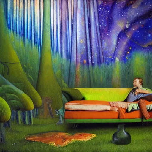 Image similar to psychedelic couch sofa in the lush pine forest, milky way, designed by arnold bocklin, jules bastien - lepage, tarsila do amaral, wayne barlowe and gustave baumann, cheval michael, trending on artstation, star, sharp focus, colorful refracted sparkles and lines, soft light, 8 k 4 k