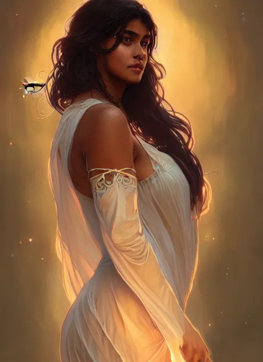 Image similar to cute brown woman wearing a transparent night gown, fantasy, intricate, highly detailed, digital painting, artstation, concept art, wallpaper, smooth, sharp focus, illustration, art by artgerm and greg rutkowski and alphonse mucha